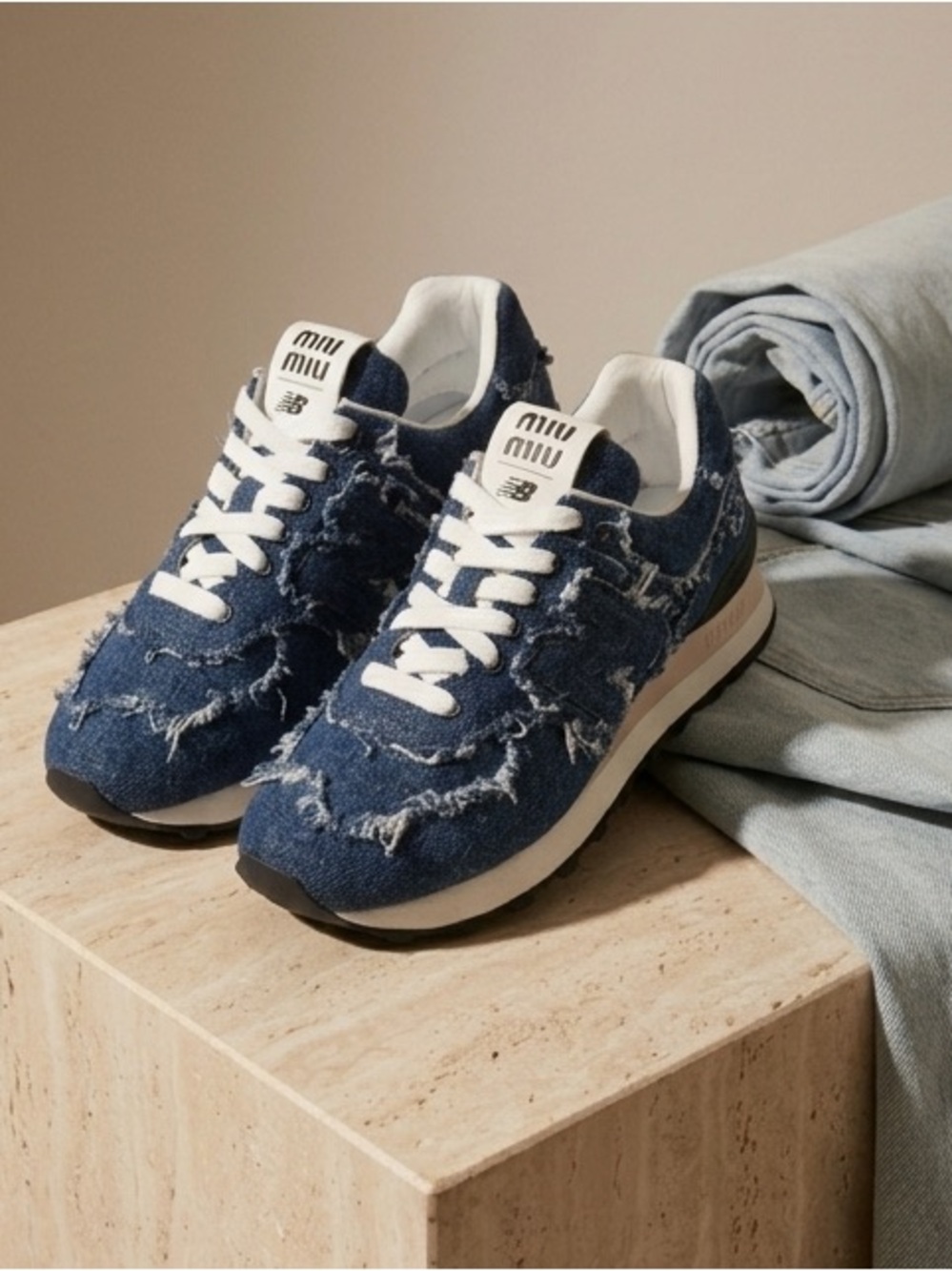 Miu Miu Men’s Distressed Denim Sneakers in Dark Blue and White
